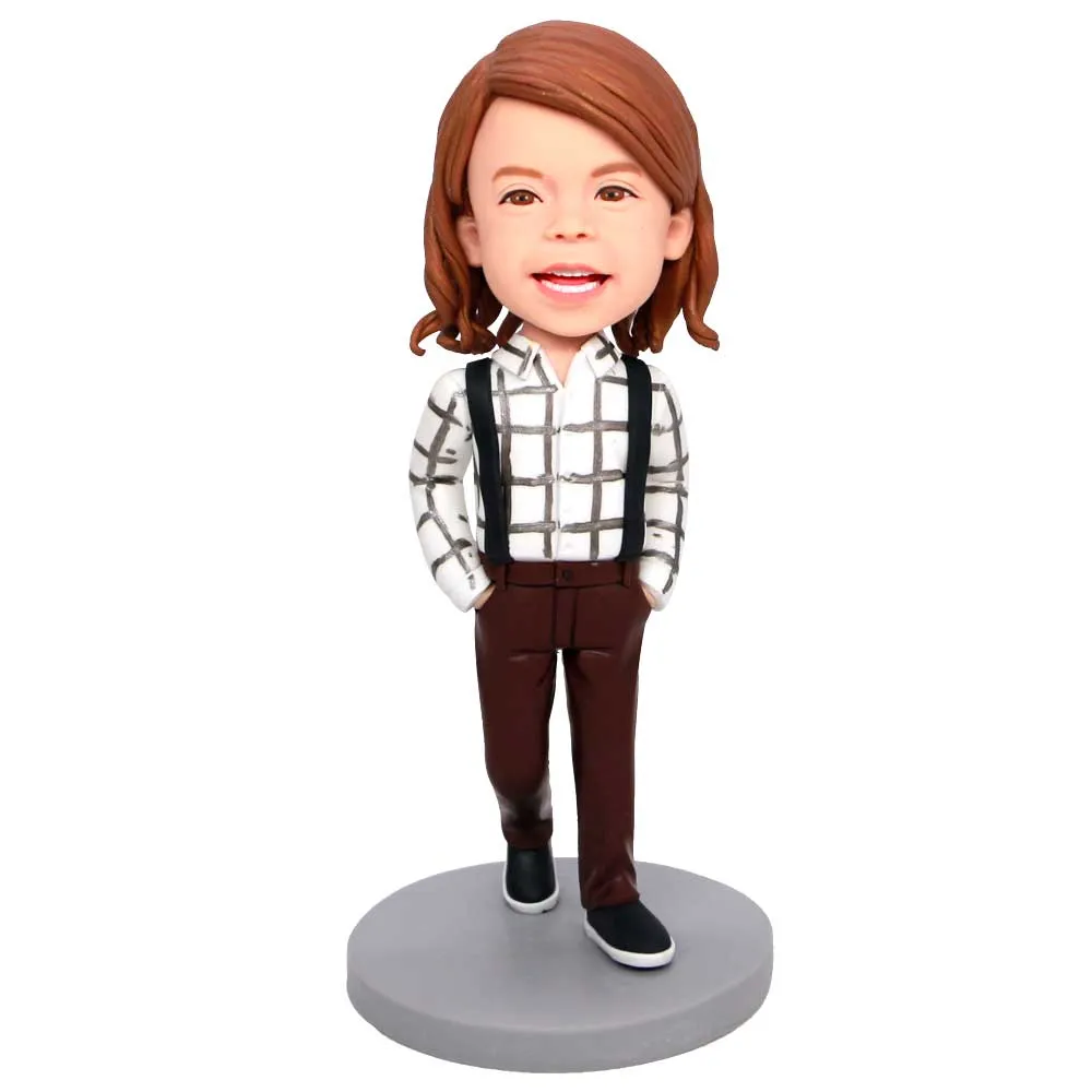 Cool Boy In Plaid Shirt And Overalls Custom Figure Bobbleheads