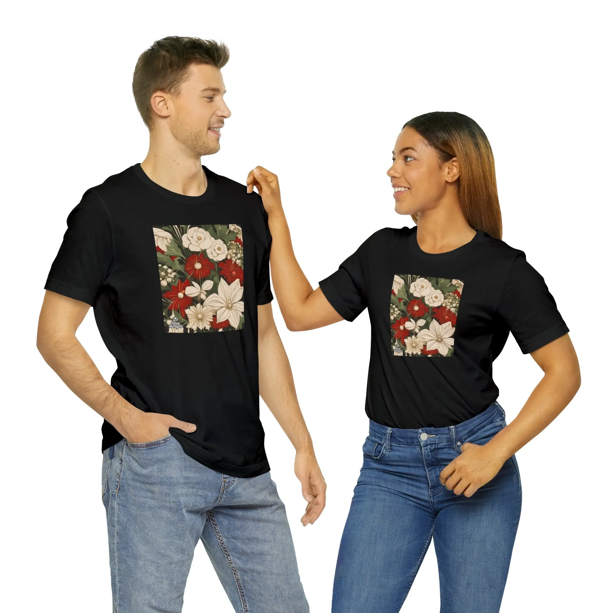 Red & White Flowers, Soft 100% Jersey Cotton T-Shirt, Unisex, Short Sleeve, Retail Fit