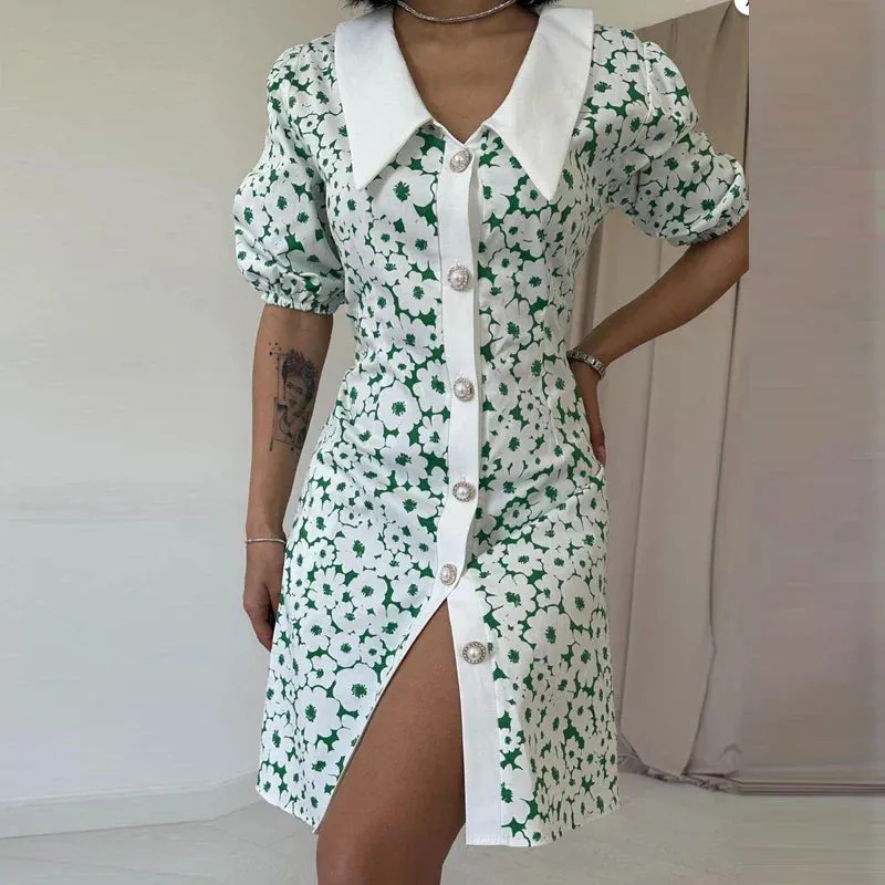 Temperament Peter Collar Slim Casual Floral Button A-line Summer Short Dress