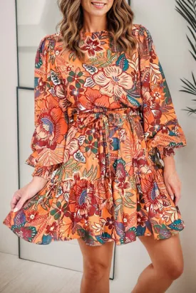Tropical Print Tie Waist Lantern Sleeve Mini Dress